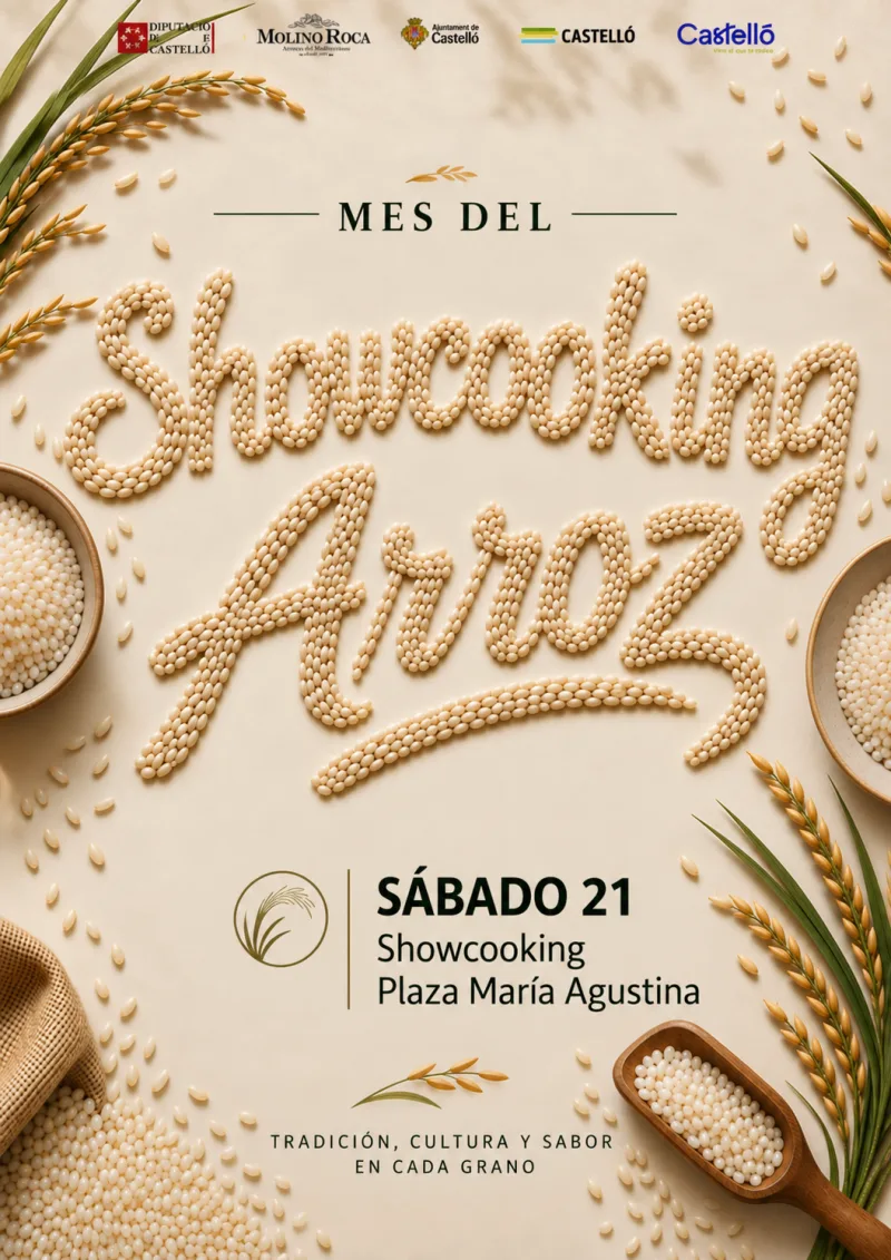 Cartel de Showcooking Mes del Arroz – Plaza María Agustina